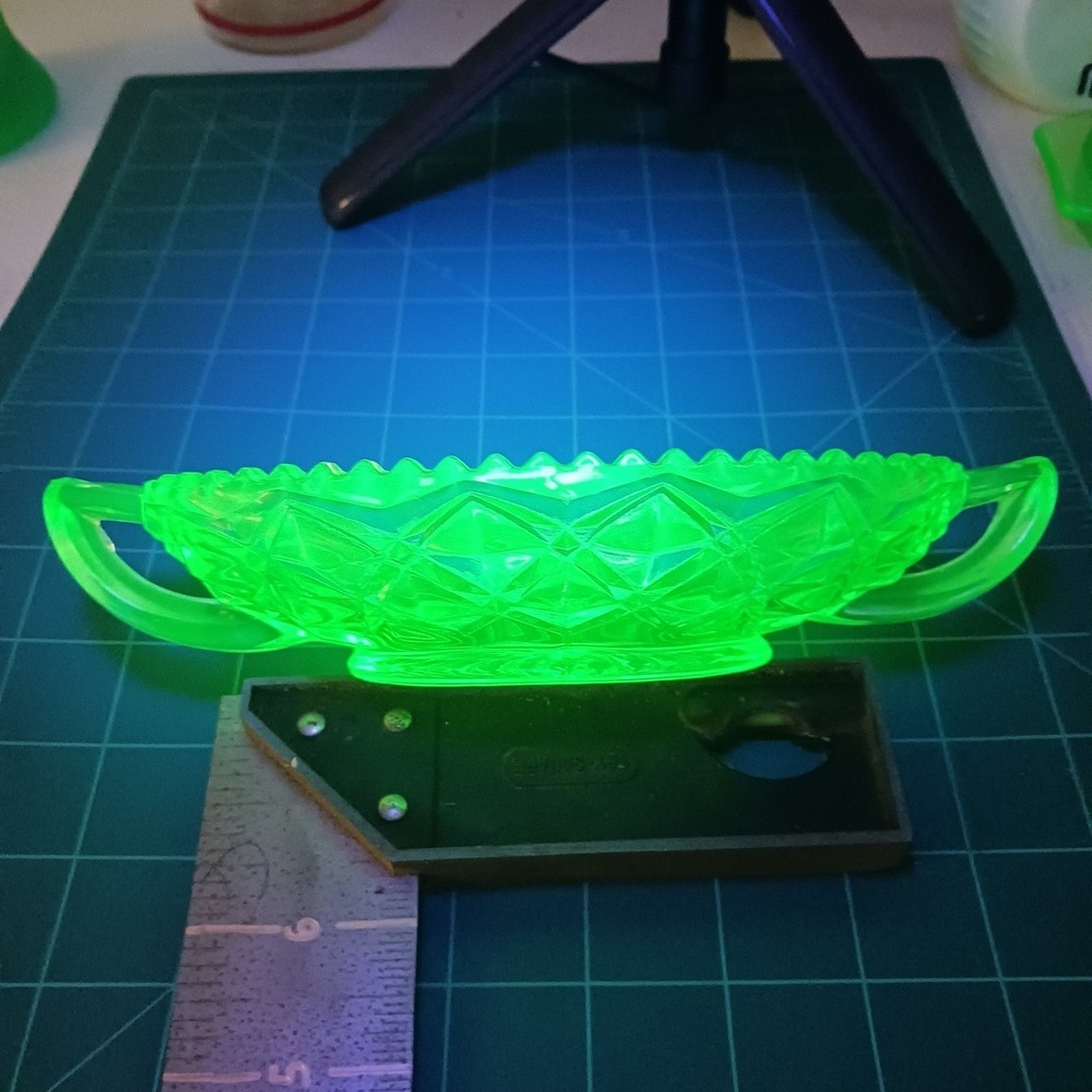 Imperial Glass Green Uranium Diamond Block 2~Handle Pickle / Sundae Dish.